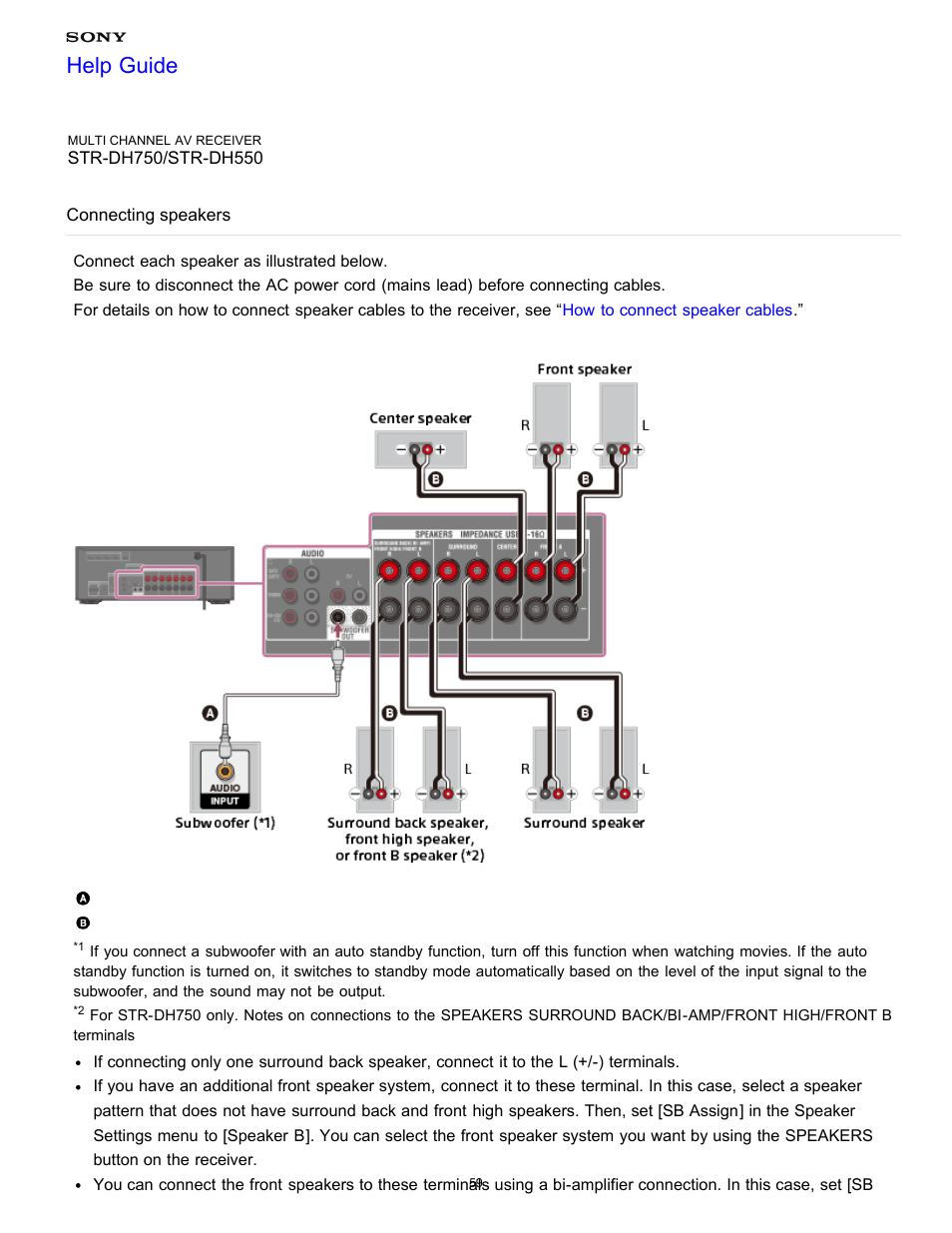 Connecting speakers, Help guide | Sony STR-DH750 User Manual | Page 66 / 246