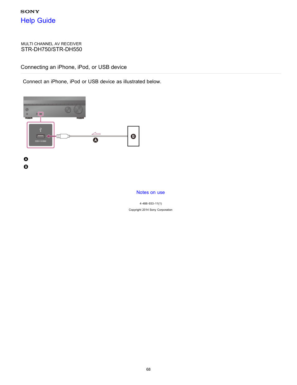 Connecting an iphone, ipod, or usb device, Help guide | Sony STR-DH750 User Manual | Page 75 / 246