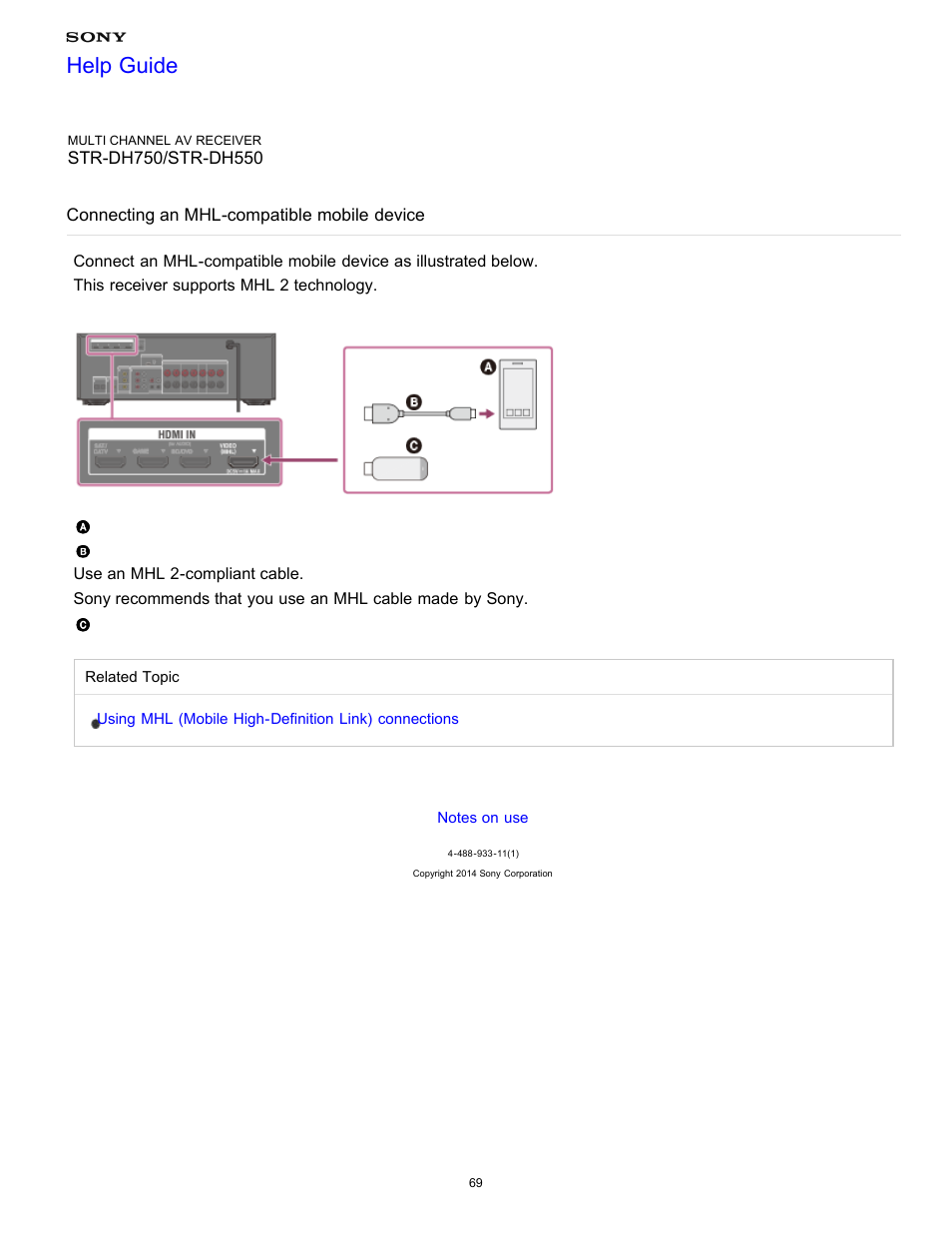 Connecting an mhl-compatible mobile device, Help guide | Sony STR-DH750 User Manual | Page 76 / 246