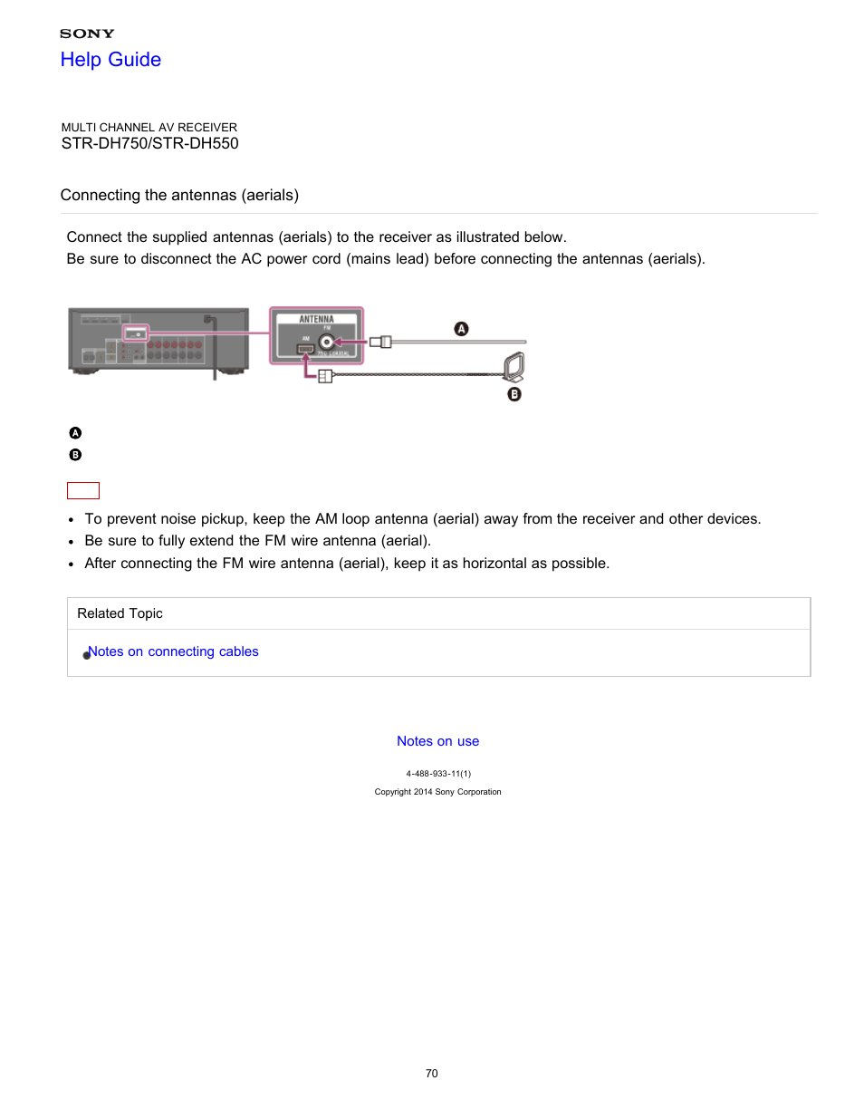 Connecting the antennas (aerials), Help guide | Sony STR-DH750 User Manual | Page 77 / 246