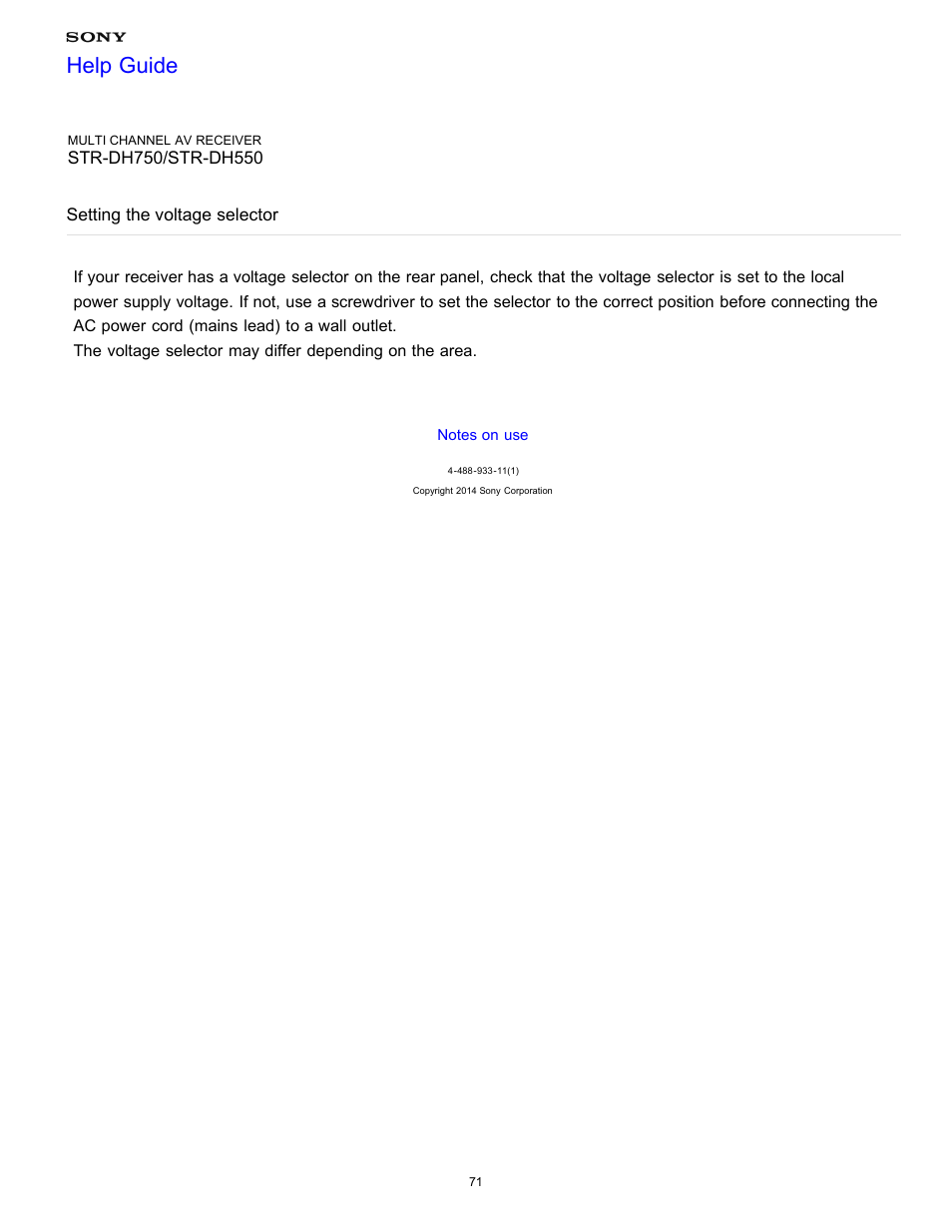 Setting the voltage selector, Help guide | Sony STR-DH750 User Manual | Page 78 / 246