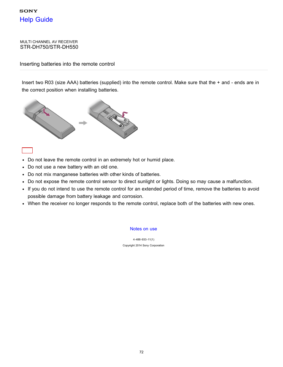 Inserting batteries into the remote control, Help guide | Sony STR-DH750 User Manual | Page 79 / 246