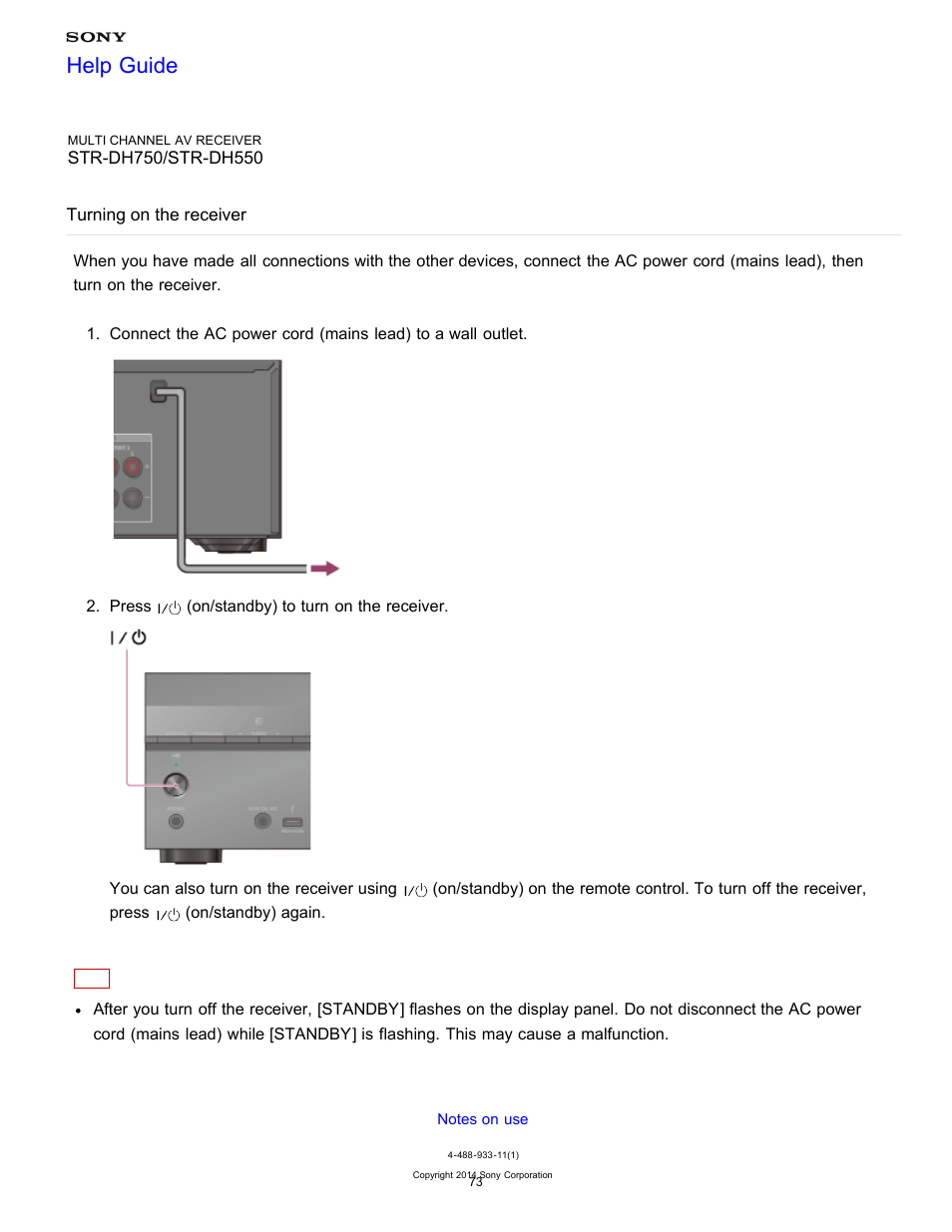 Turning on the receiver, Help guide | Sony STR-DH750 User Manual | Page 80 / 246