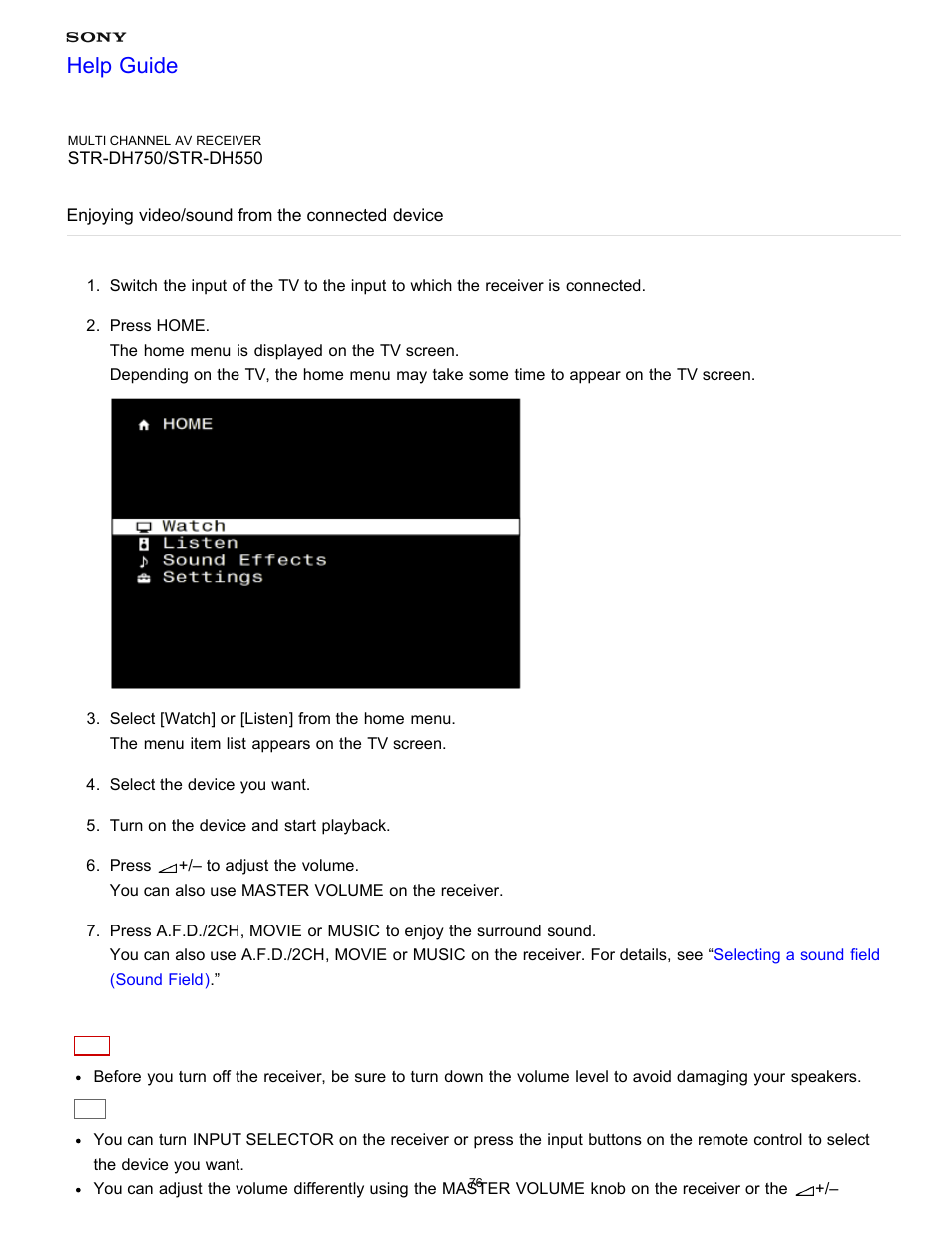 Enjoying video/sound from the connected device, Help guide | Sony STR-DH750 User Manual | Page 83 / 246