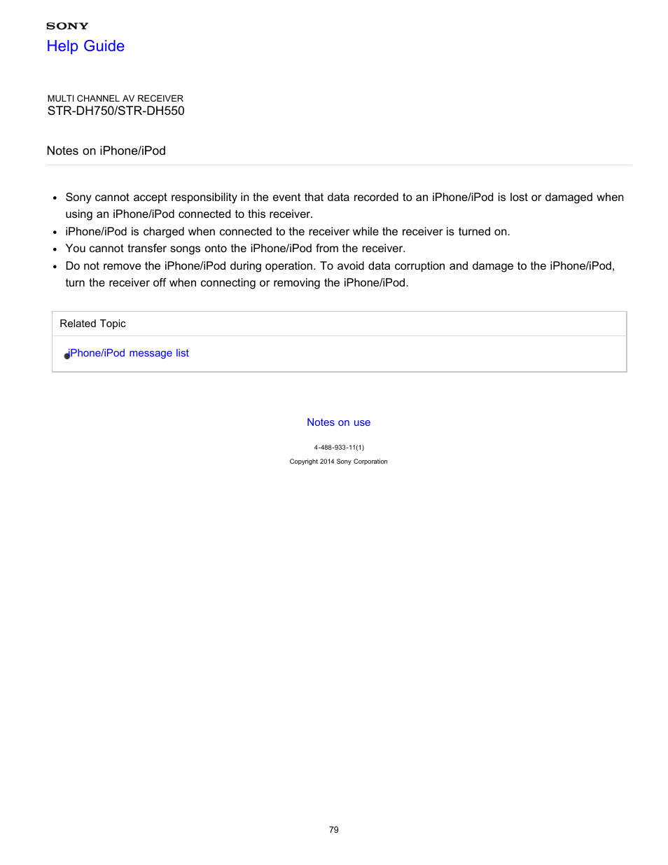 Notes on iphone/ipod, Help guide | Sony STR-DH750 User Manual | Page 86 / 246