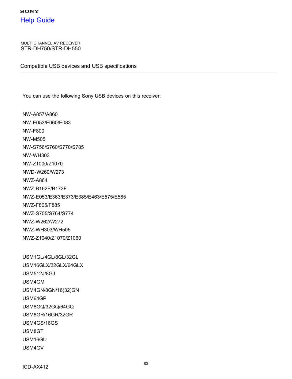 Compatible usb devices and usb specifications, Help guide | Sony STR-DH750 User Manual | Page 90 / 246