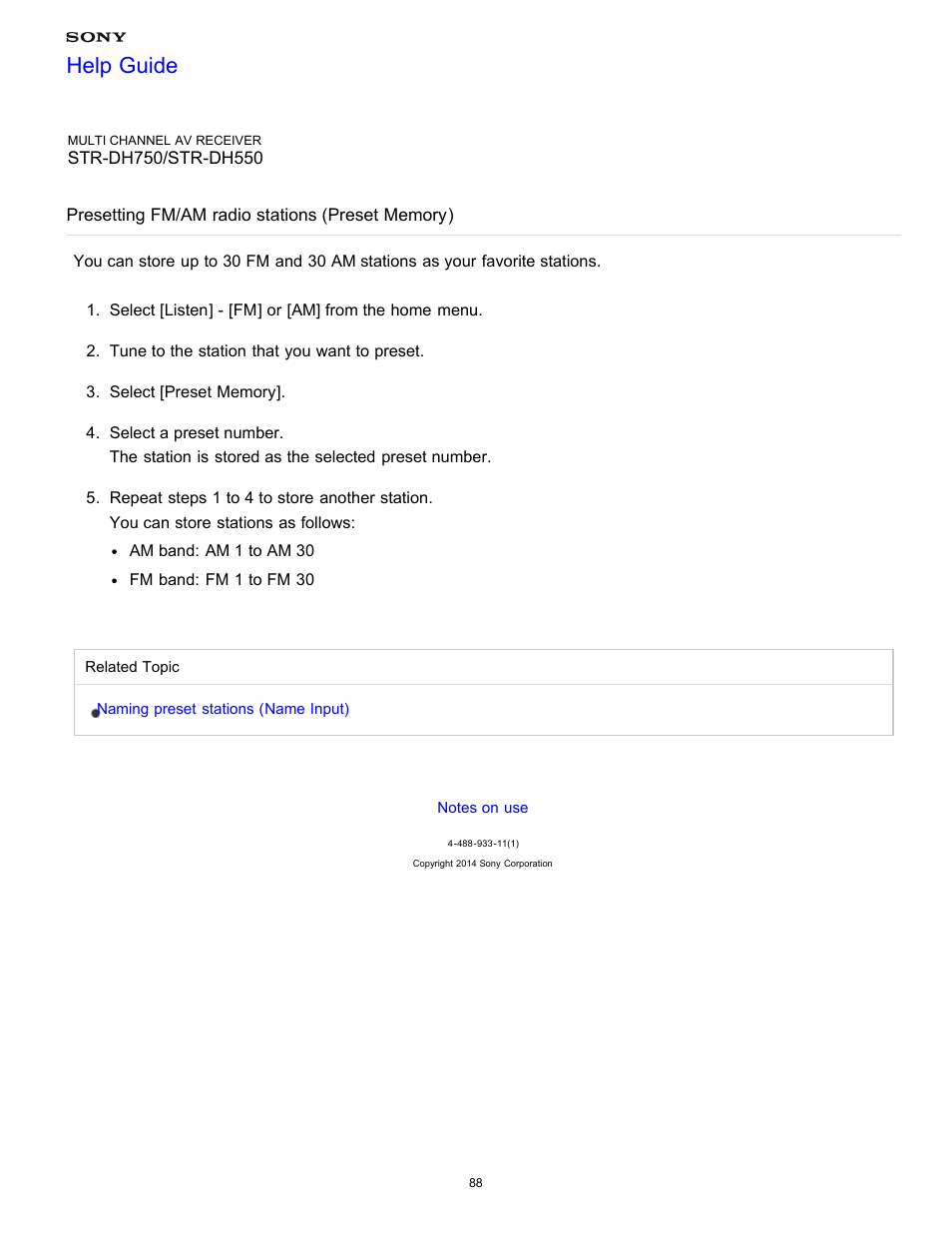 Presetting fm/am radio stations (preset memory), Help guide | Sony STR-DH750 User Manual | Page 95 / 246