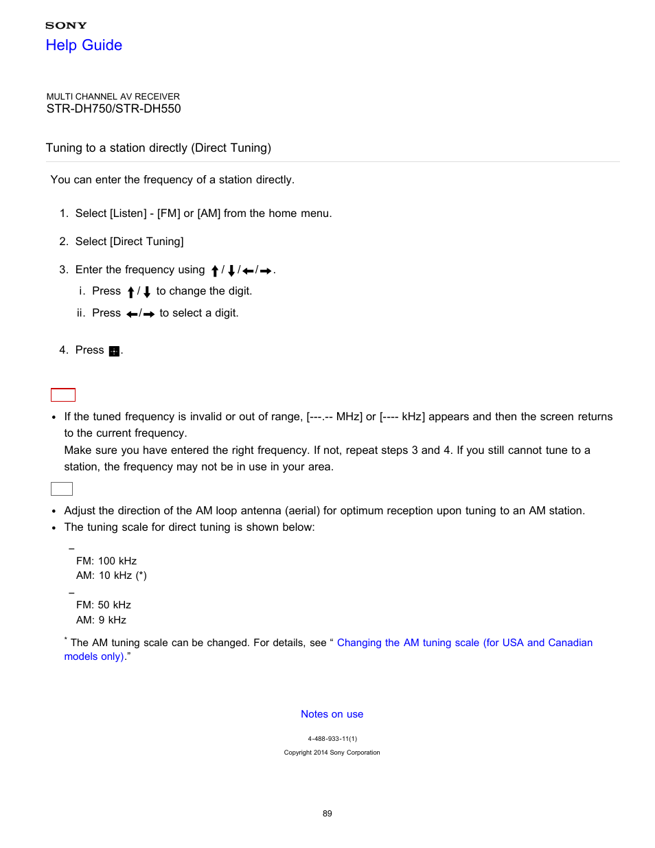 Tuning to a station directly (direct tuning), Help guide | Sony STR-DH750 User Manual | Page 96 / 246