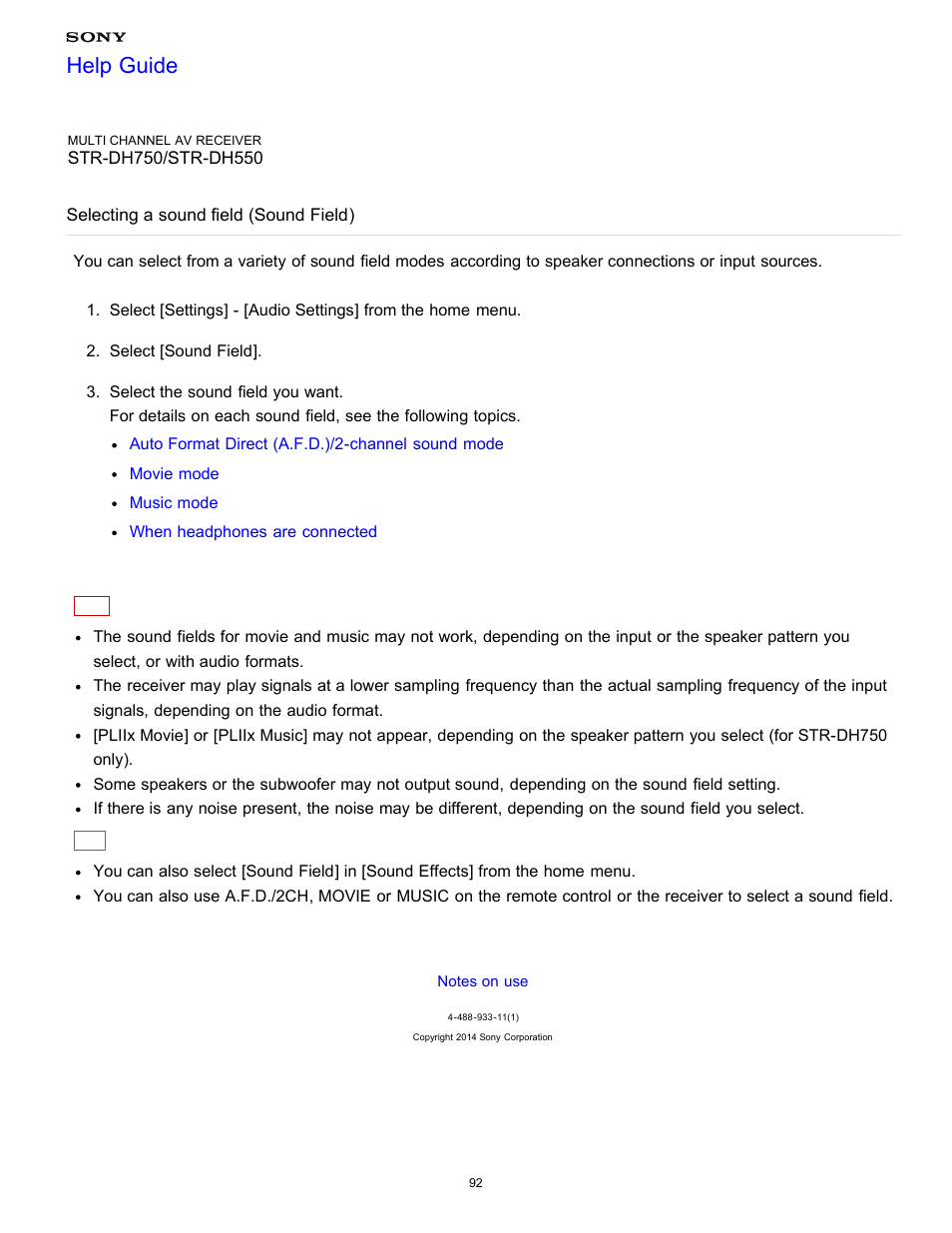 Selecting a sound field (sound field), Help guide | Sony STR-DH750 User Manual | Page 99 / 246