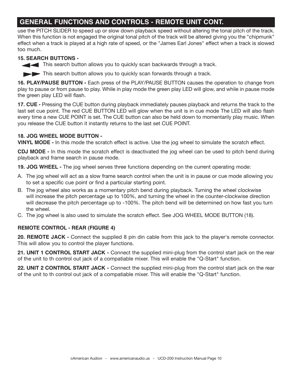 General functions and controls - remote unit cont | American Audio UCD-200 User Manual | Page 10 / 31