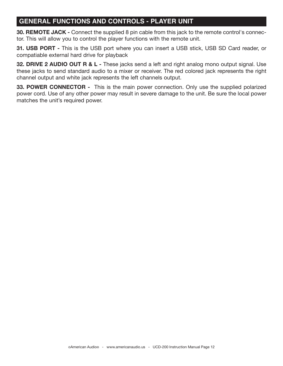 General functions and controls - player unit | American Audio UCD-200 User Manual | Page 12 / 31