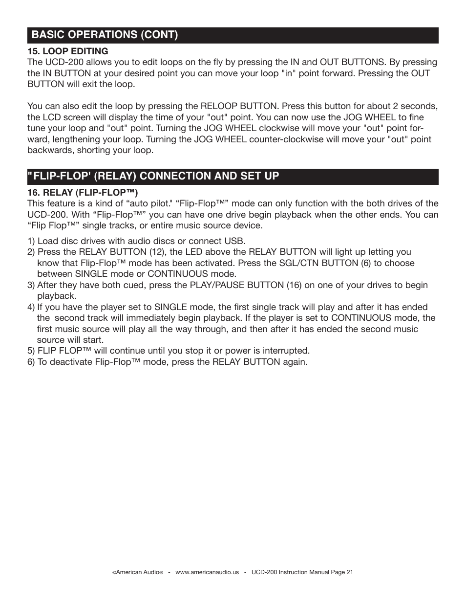 Flip-flop' (relay) connection and set up, Basic operations (cont) | American Audio UCD-200 User Manual | Page 21 / 31