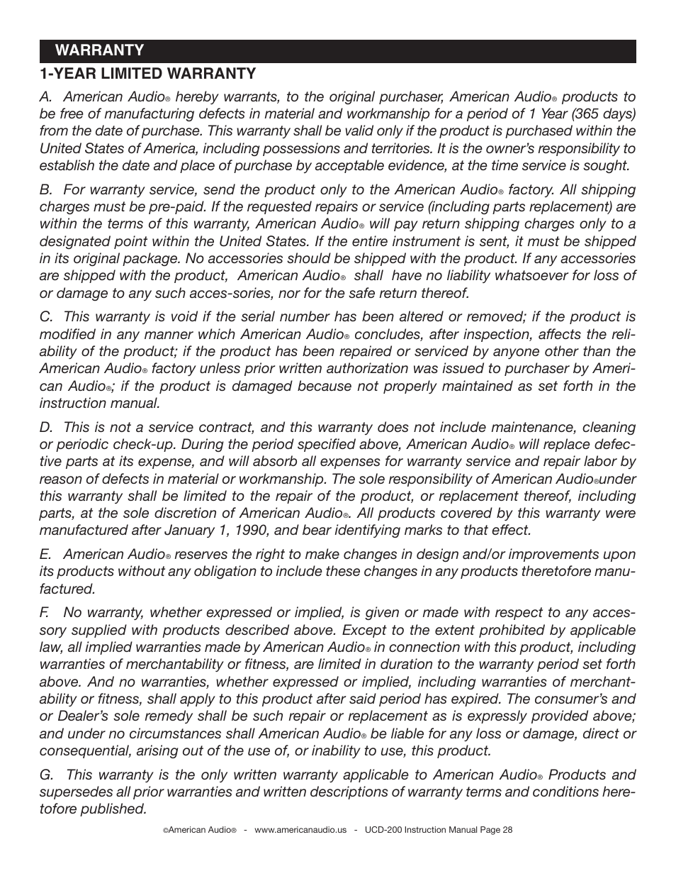 Year limited warranty, Warranty, A. american audio | American Audio UCD-200 User Manual | Page 28 / 31