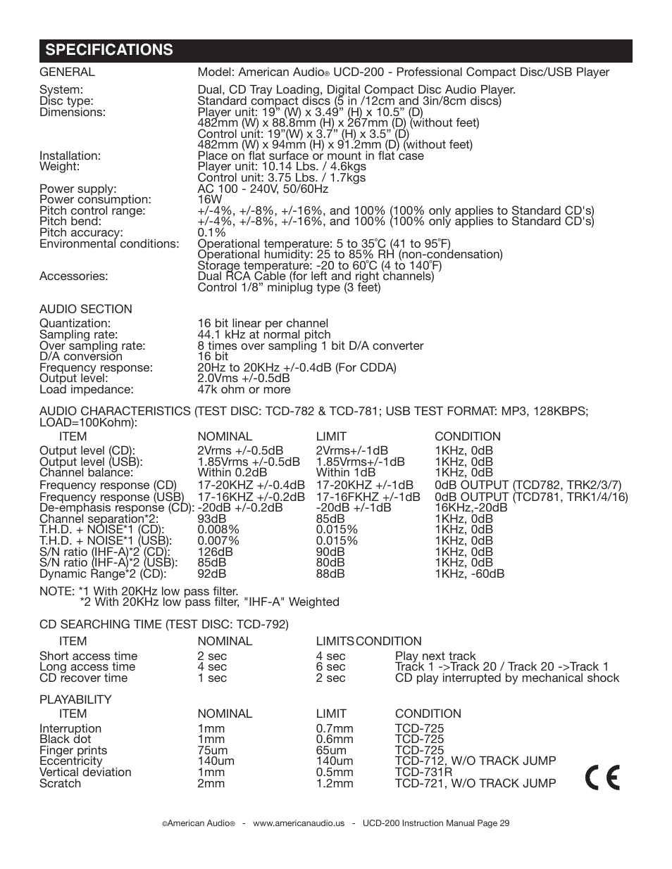 Specifications | American Audio UCD-200 User Manual | Page 29 / 31
