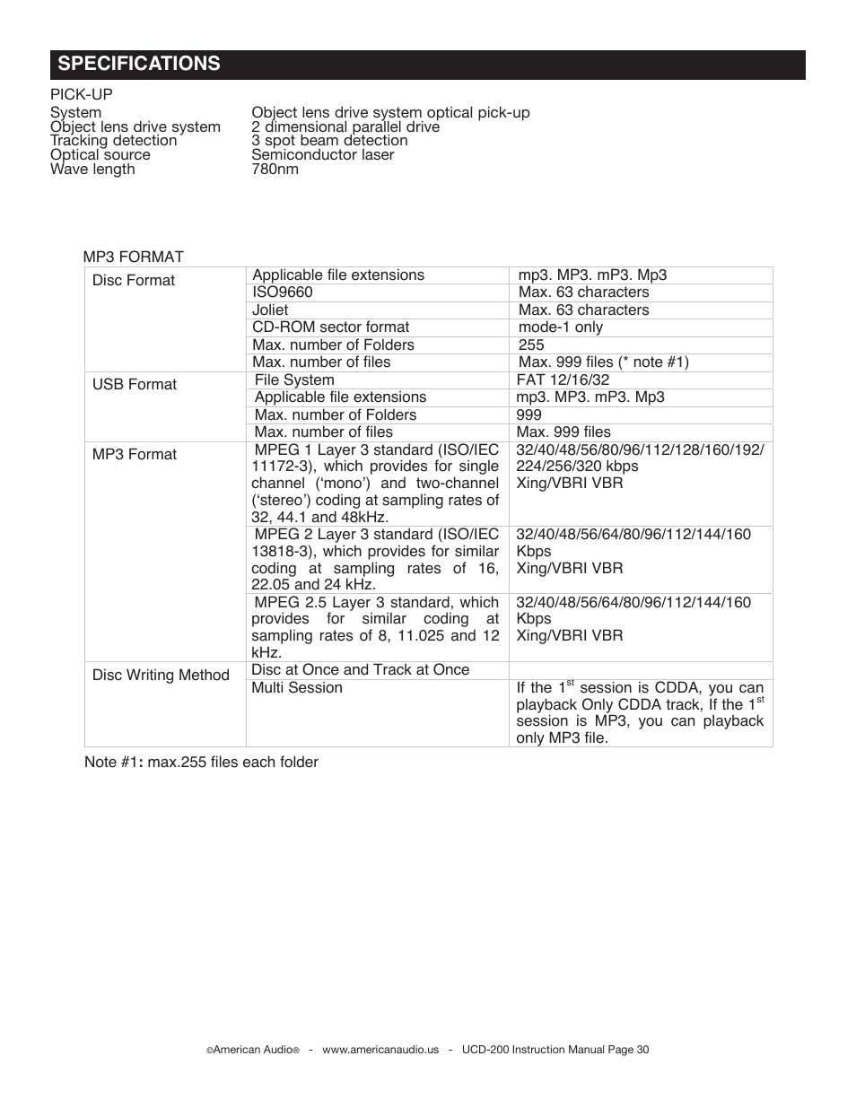 Specifications | American Audio UCD-200 User Manual | Page 30 / 31