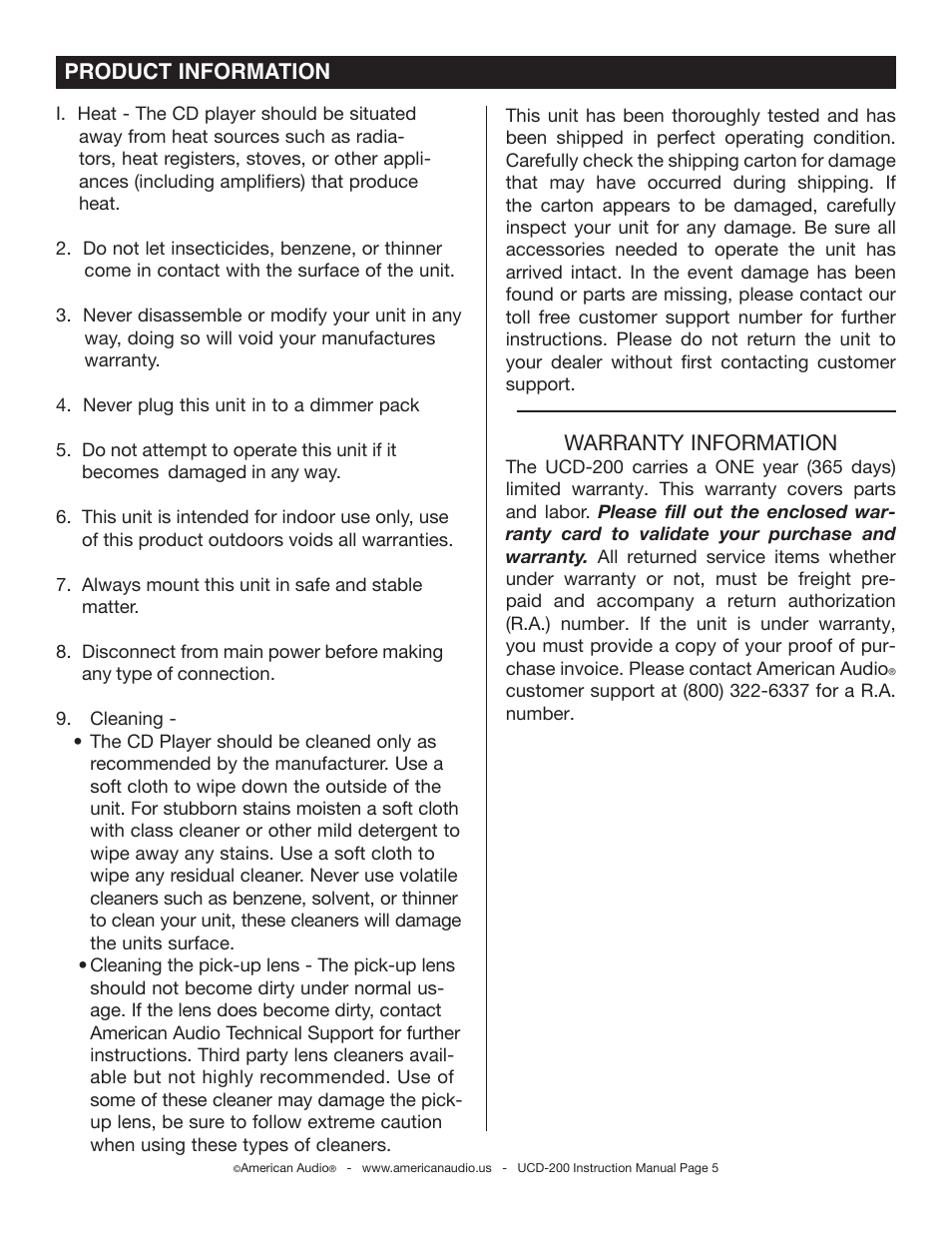 Product information, Warranty information | American Audio UCD-200 User Manual | Page 5 / 31