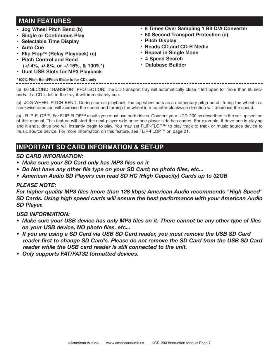 Main features, Important sd card information & set-up | American Audio UCD-200 User Manual | Page 7 / 31