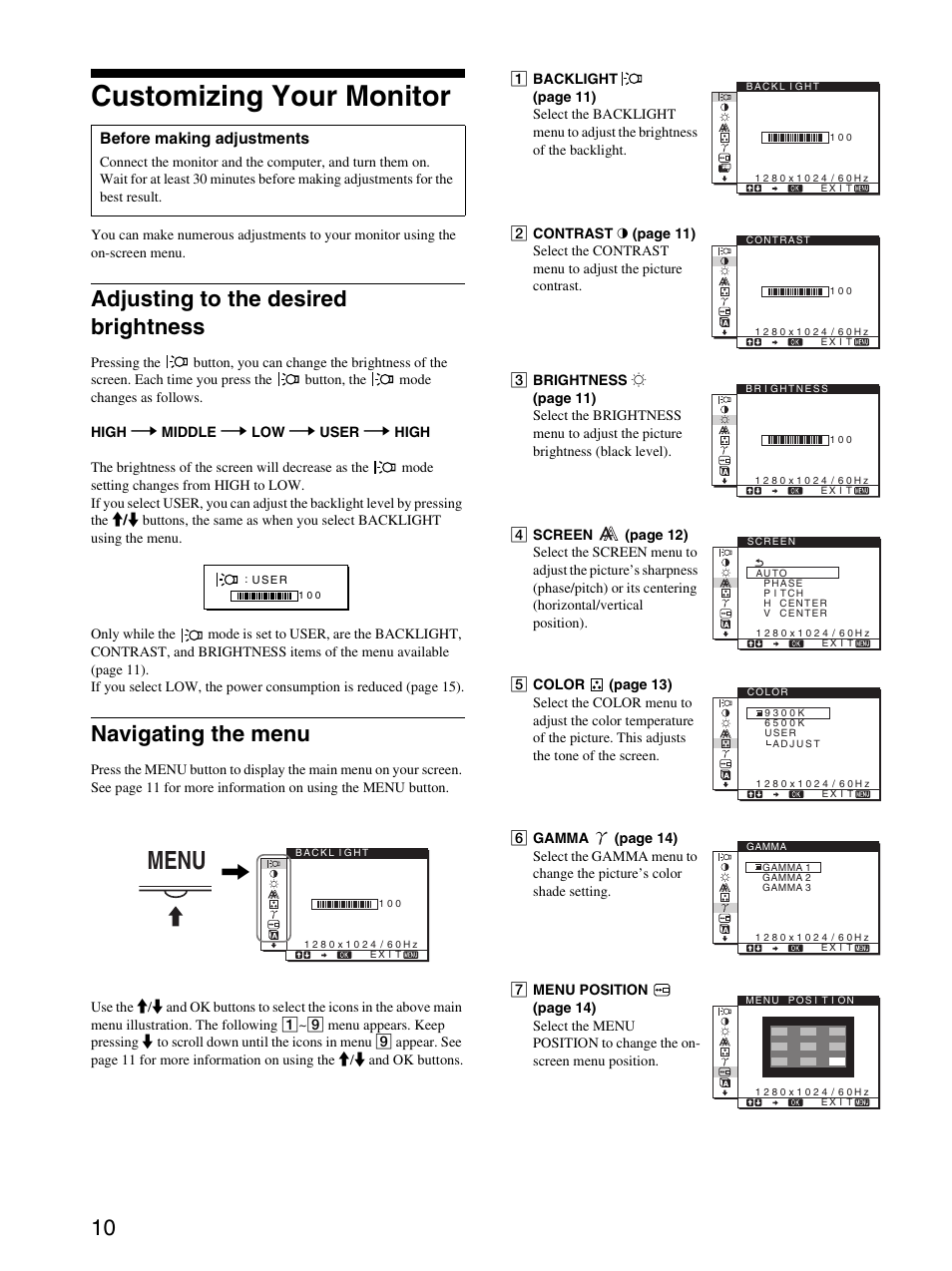 Customizing your monitor, Adjusting to the desired brightness, Navigating the menu | Menu | Sony SDM-HS93 User Manual | Page 10 / 19