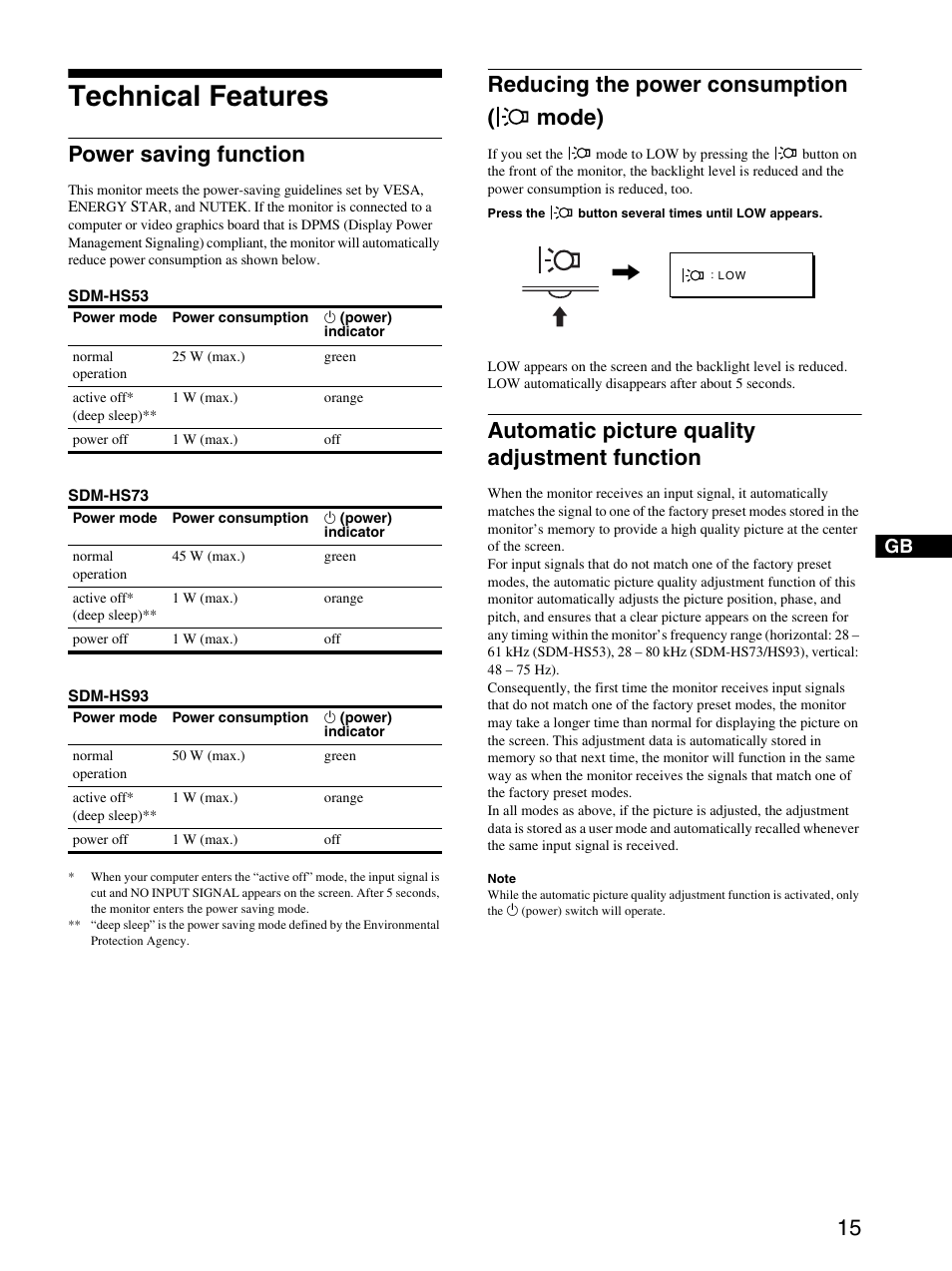 Technical features, Power saving function, Reducing the power consumption ( mode) | Automatic picture quality adjustment function, Mode) | Sony SDM-HS93 User Manual | Page 15 / 19