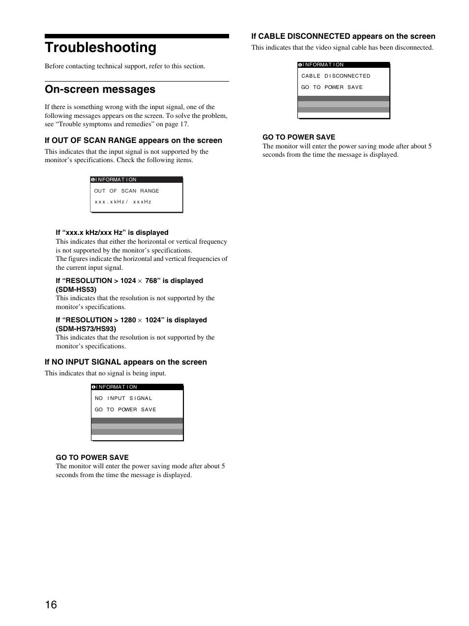 Troubleshooting, On-screen messages | Sony SDM-HS93 User Manual | Page 16 / 19