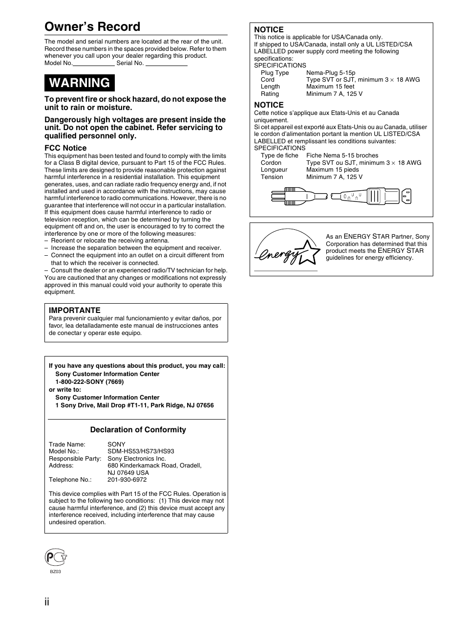 Owner’s record, Warning | Sony SDM-HS93 User Manual | Page 2 / 19