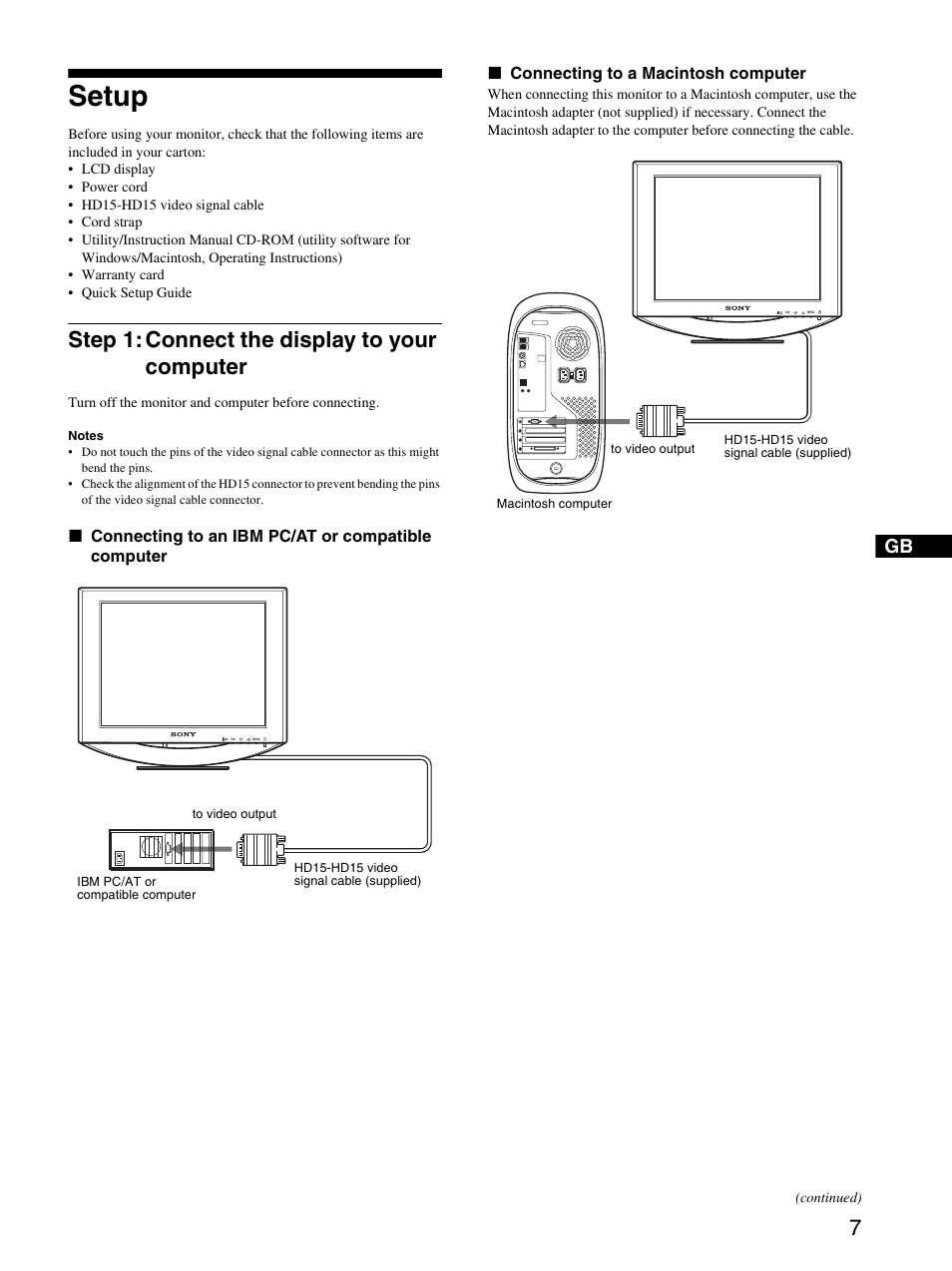 Setup, Step 1: connect the display to your computer, Step 1 | Sony SDM-HS93 User Manual | Page 7 / 19