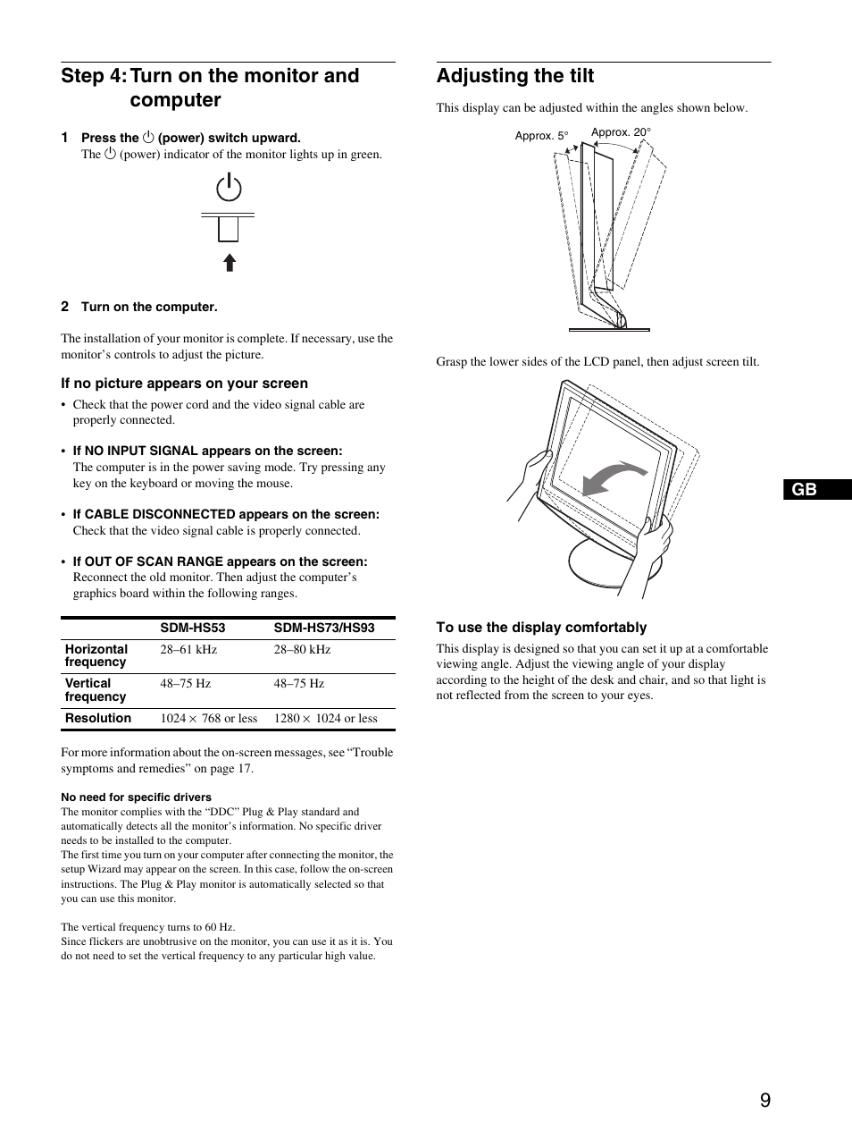 Step 4: turn on the monitor and computer, Adjusting the tilt, Step 4 | Sony SDM-HS93 User Manual | Page 9 / 19