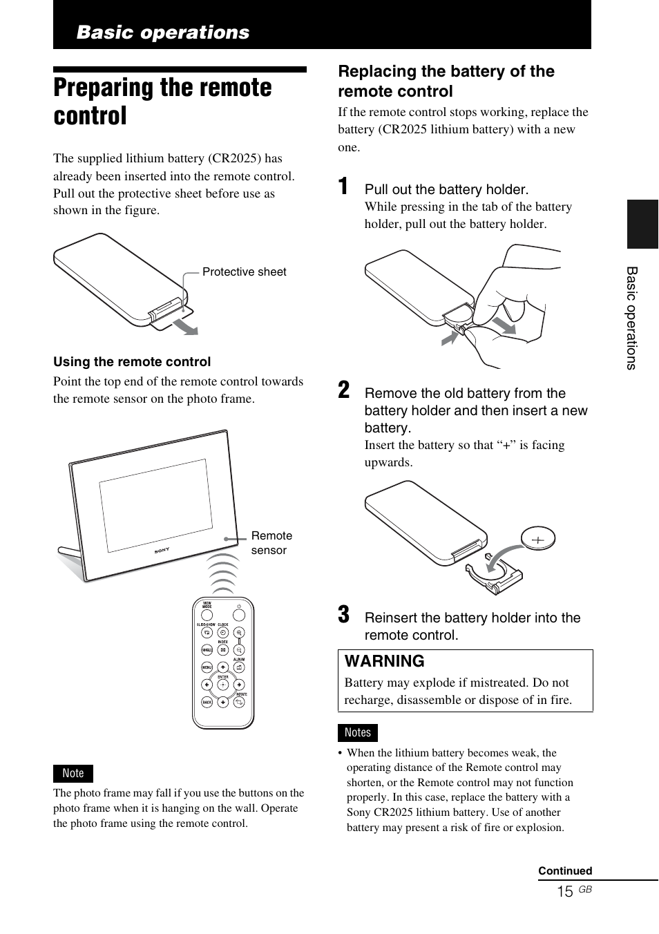 Basic operations, Preparing the remote control | Sony DPF-D92 User Manual | Page 15 / 68
