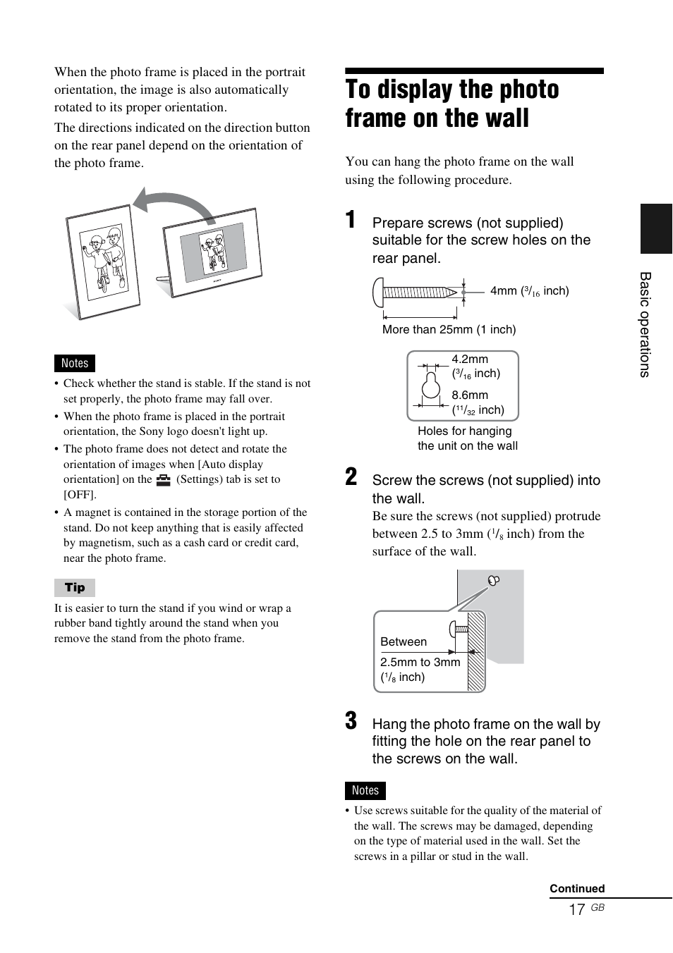 To display the photo frame on the wall | Sony DPF-D92 User Manual | Page 17 / 68
