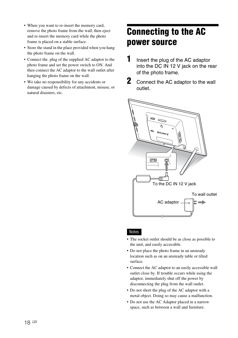 Connecting to the ac power source | Sony DPF-D92 User Manual | Page 18 / 68
