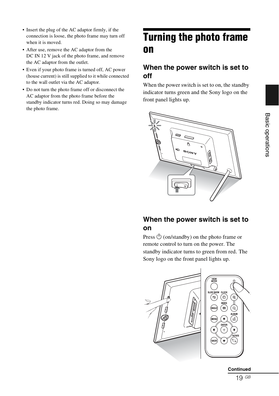 Turning the photo frame on, When the power switch is set to off, When the power switch is set to on | Sony DPF-D92 User Manual | Page 19 / 68