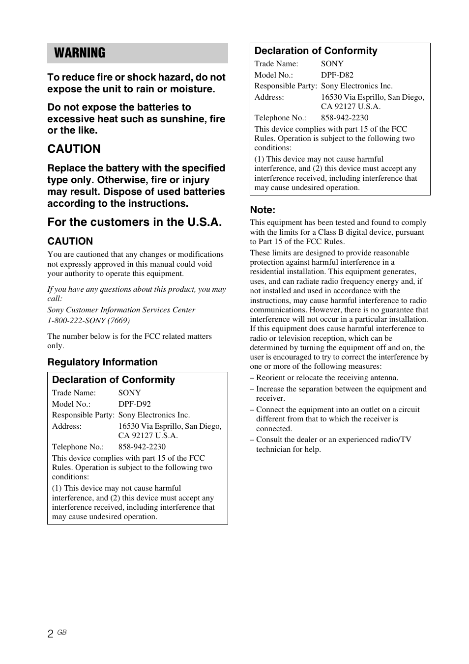 Warning, Caution, For the customers in the u.s.a | Sony DPF-D92 User Manual | Page 2 / 68