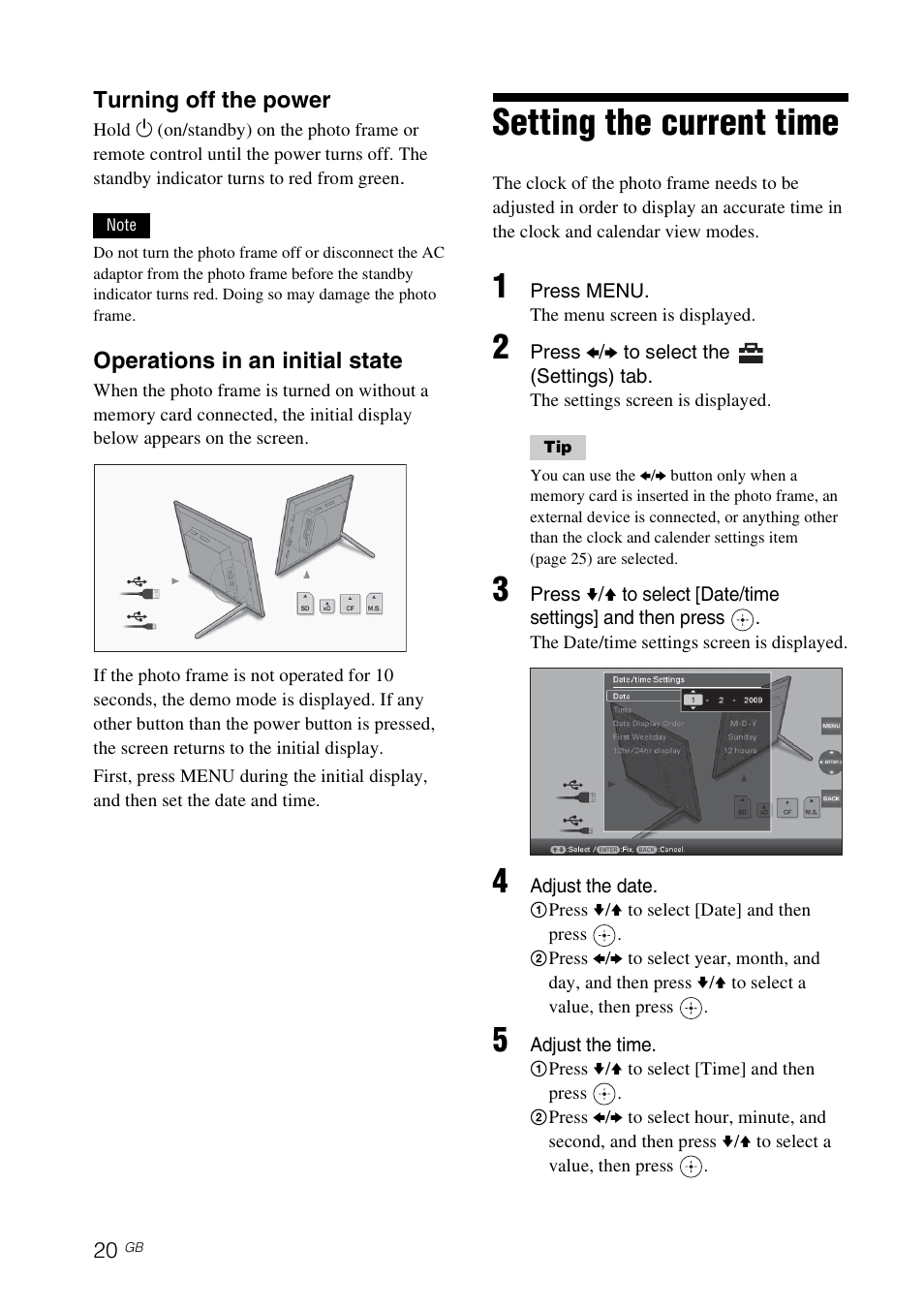 Setting the current time | Sony DPF-D92 User Manual | Page 20 / 68