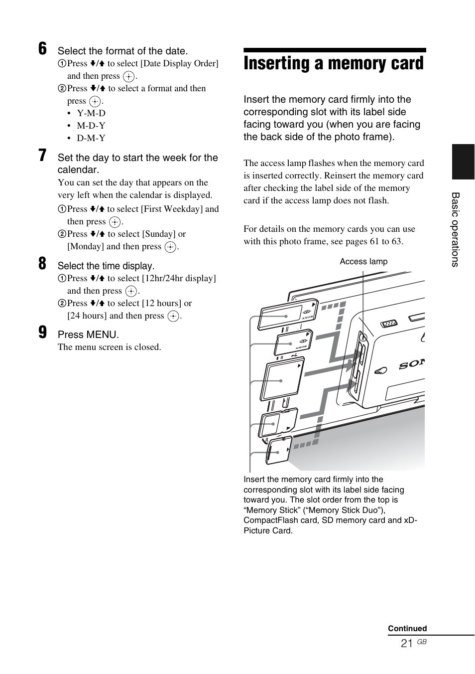 Inserting a memory card | Sony DPF-D92 User Manual | Page 21 / 68