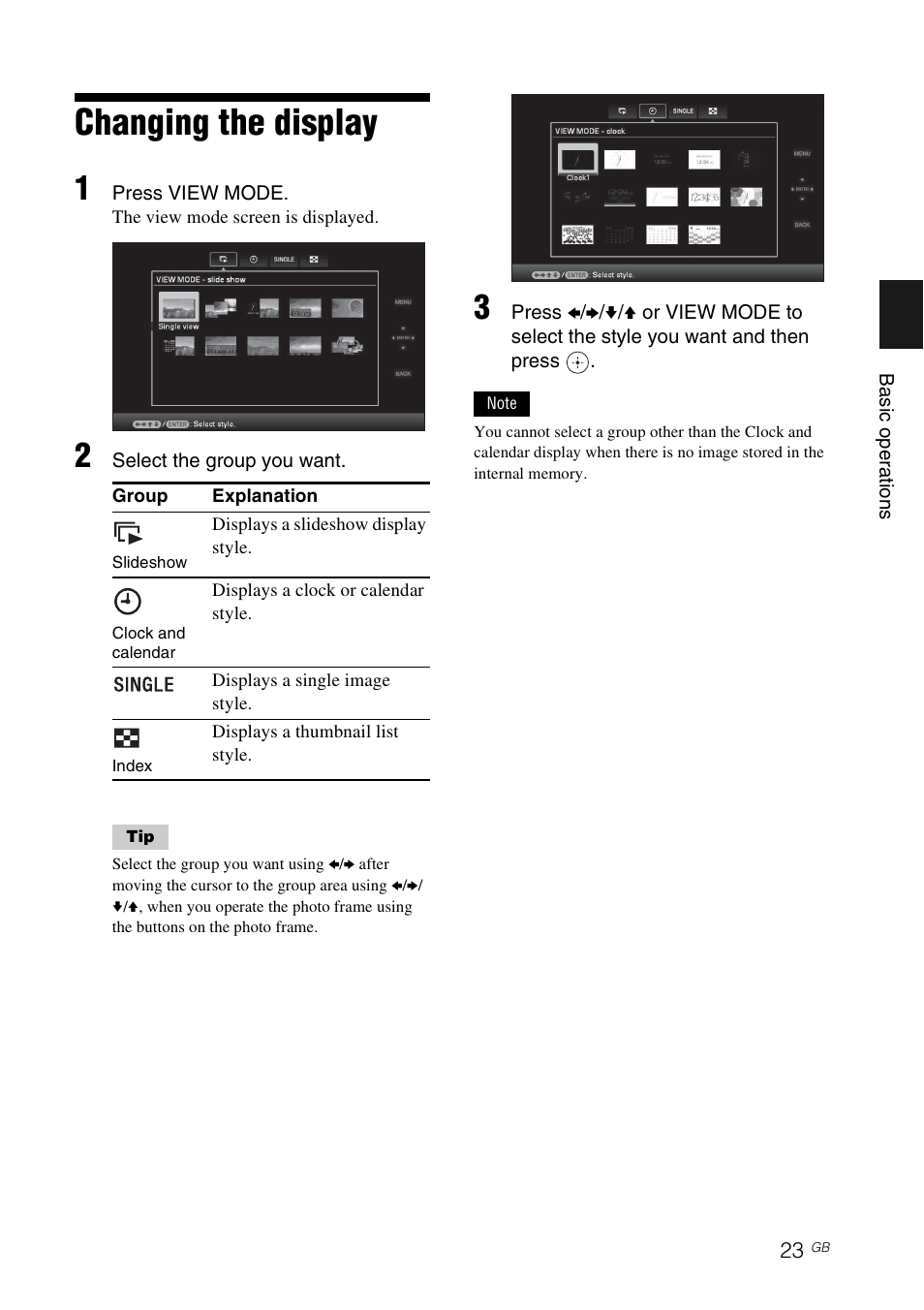 Changing the display | Sony DPF-D92 User Manual | Page 23 / 68