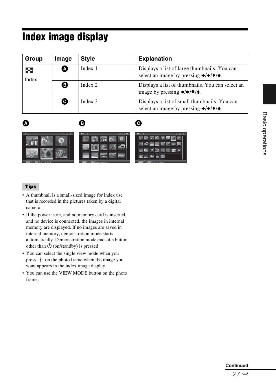 Index image display | Sony DPF-D92 User Manual | Page 27 / 68