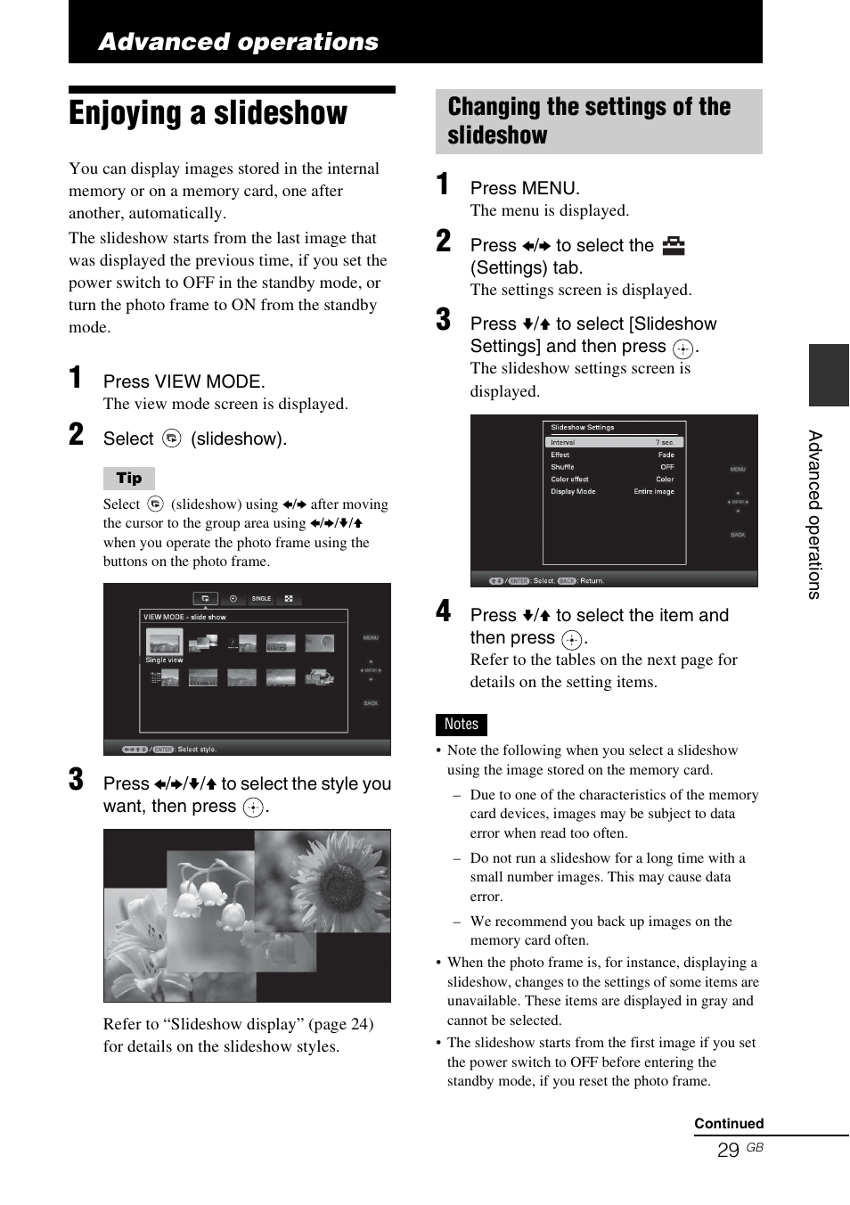 Advanced operations, Enjoying a slideshow, Changing the settings of the slideshow | Sony DPF-D92 User Manual | Page 29 / 68