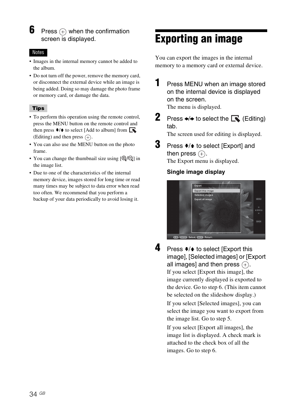 Exporting an image | Sony DPF-D92 User Manual | Page 34 / 68