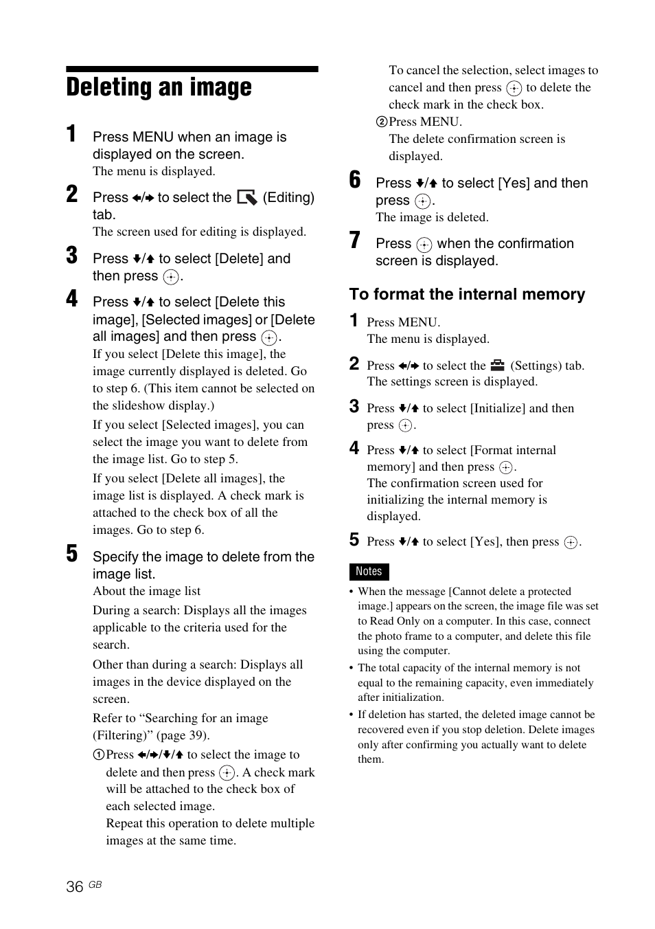 Deleting an image | Sony DPF-D92 User Manual | Page 36 / 68