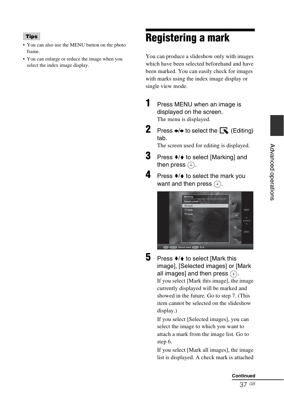 Registering a mark | Sony DPF-D92 User Manual | Page 37 / 68