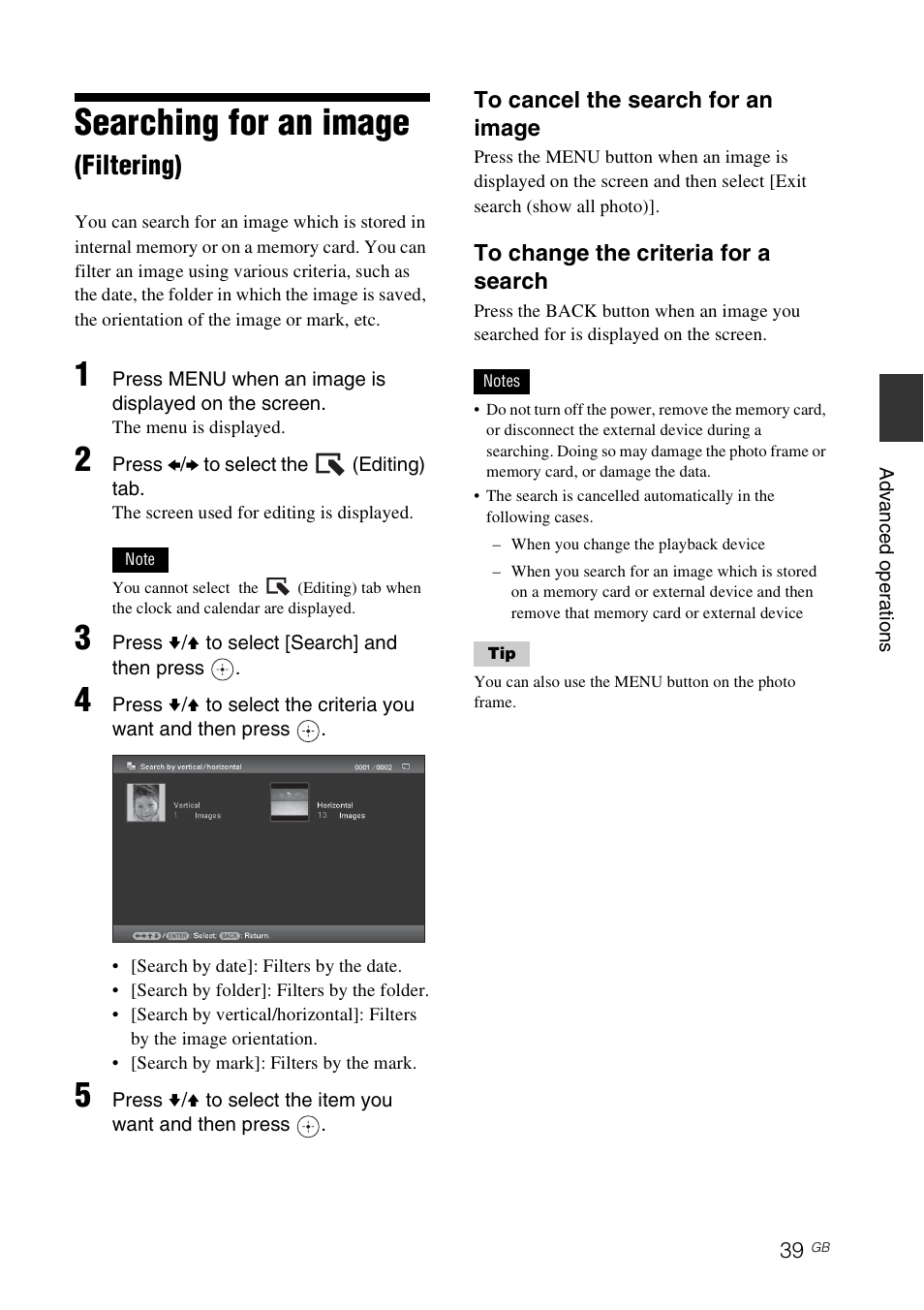 Searching for an image (filtering), Searching for an image, Filtering) | Sony DPF-D92 User Manual | Page 39 / 68