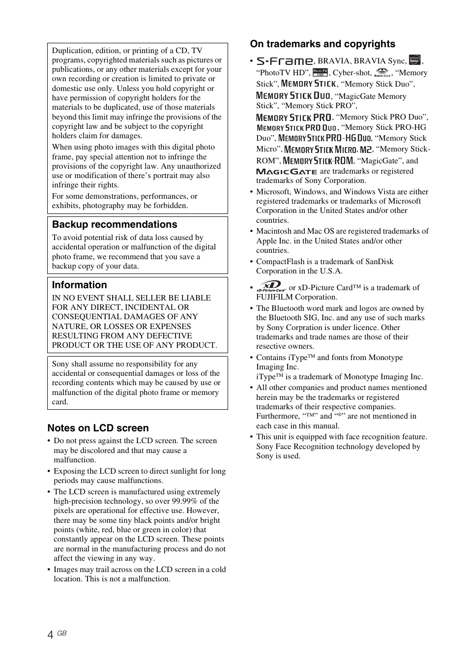 On trademarks and copyrights, Backup recommendations, Information | Sony DPF-D92 User Manual | Page 4 / 68
