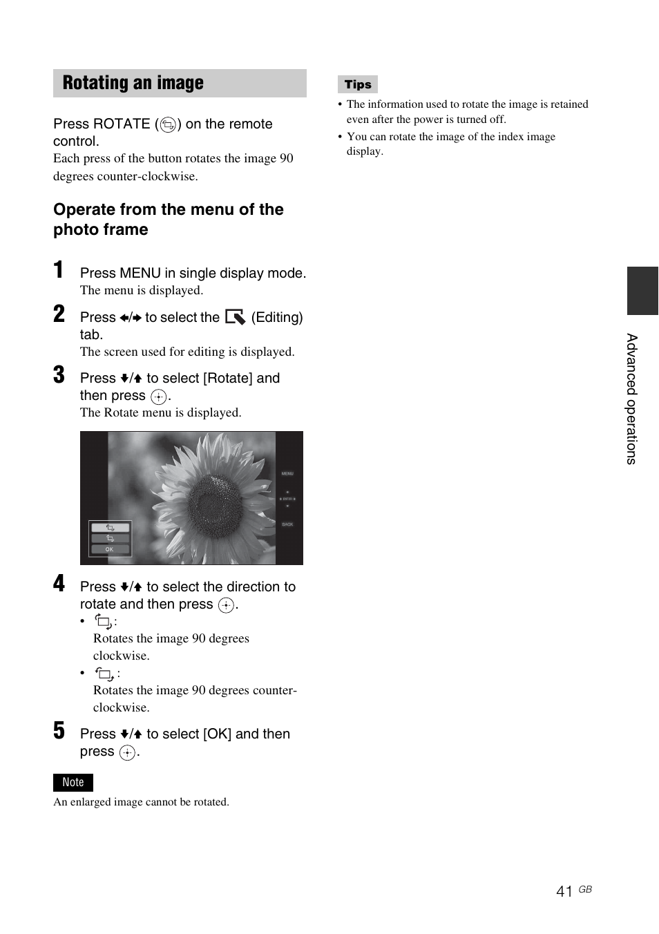 Rotating an image | Sony DPF-D92 User Manual | Page 41 / 68