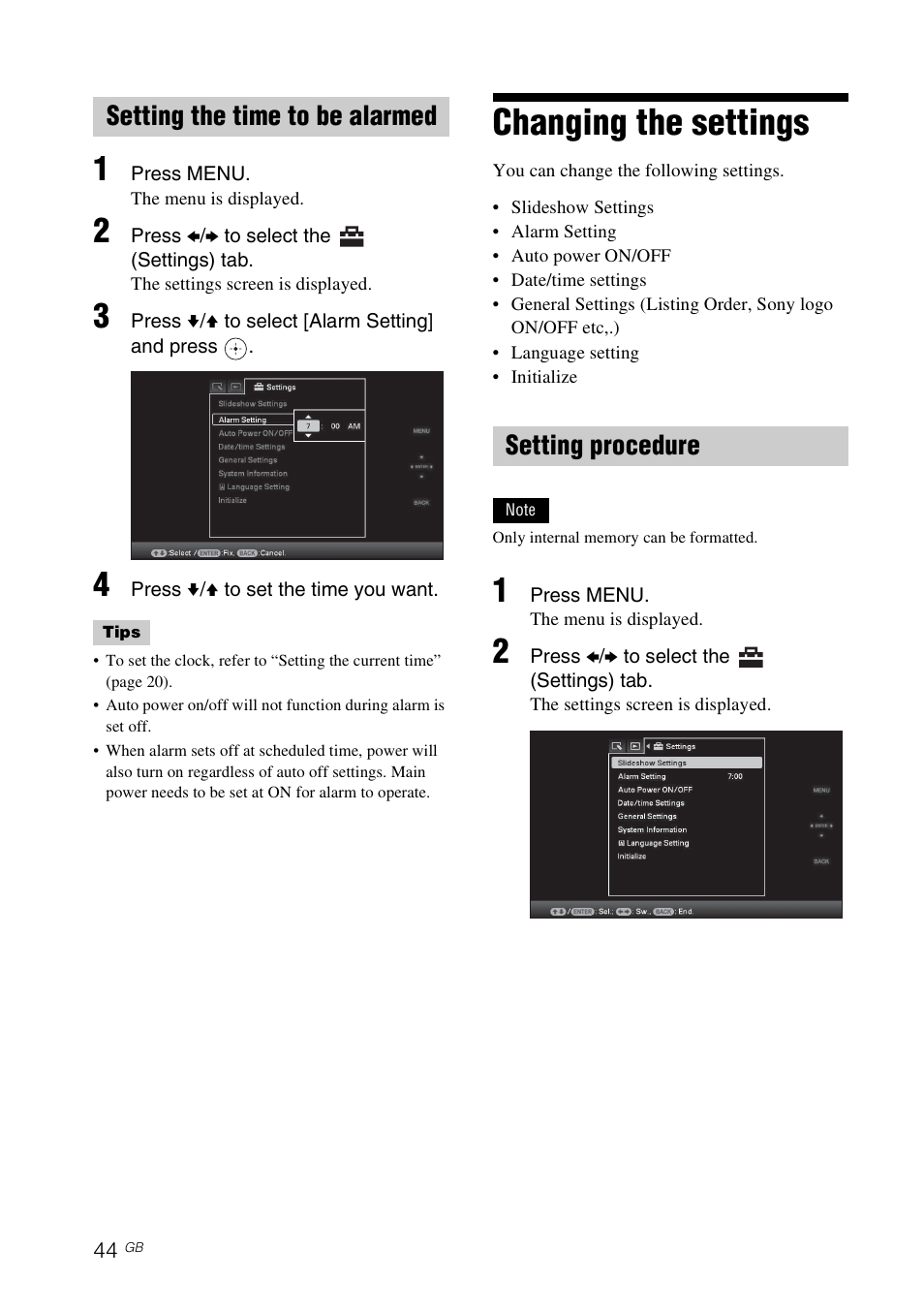 Setting the time to be alarmed, Changing the settings, Setting procedure | Setting the time to be alarmed setting procedure | Sony DPF-D92 User Manual | Page 44 / 68