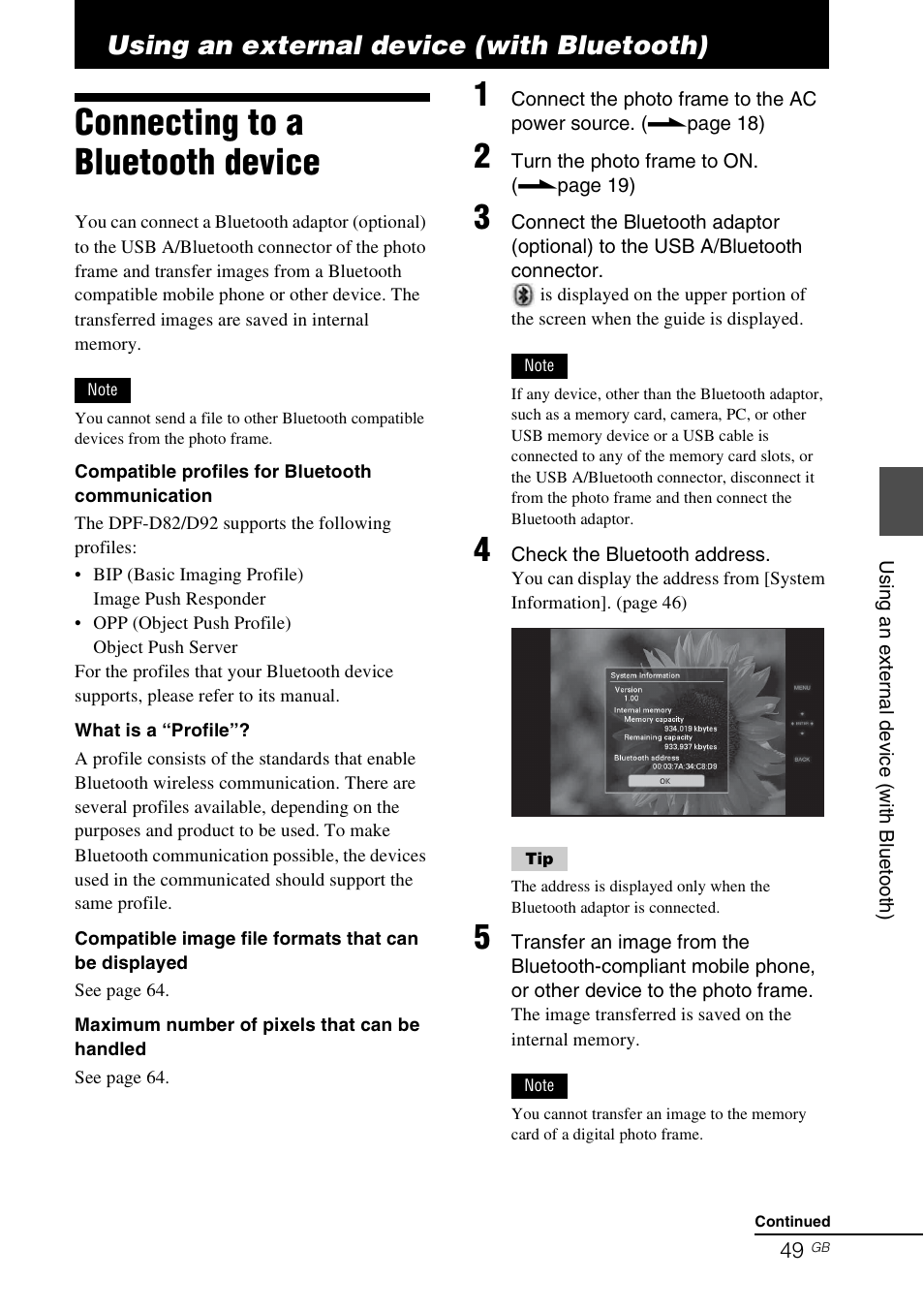 Using an external device (with bluetooth), Connecting to a bluetooth device | Sony DPF-D92 User Manual | Page 49 / 68