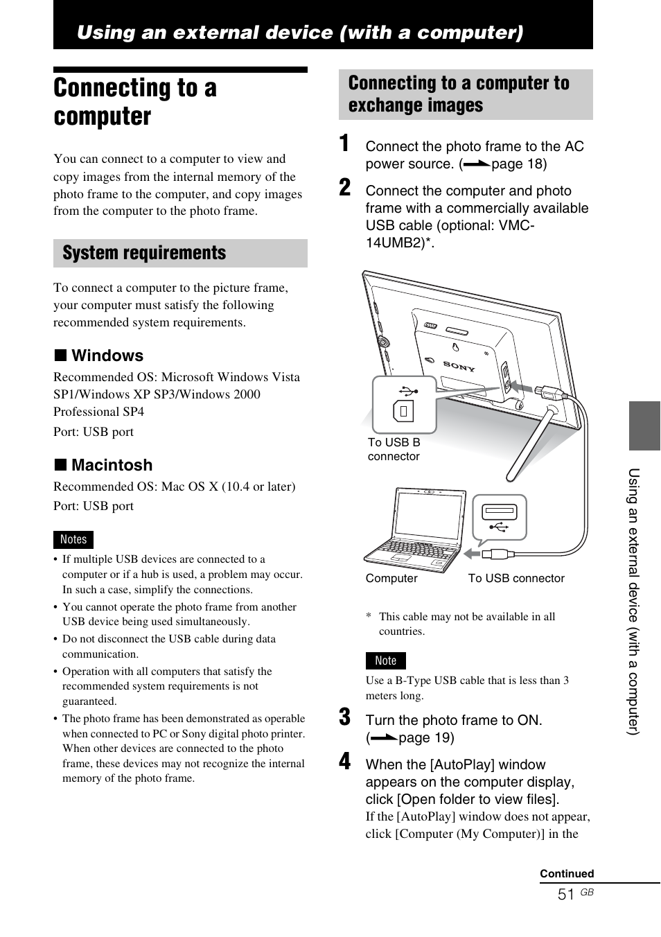 Using an external device (with a computer), Connecting to a computer, System requirements | Connecting to a computer to exchange images | Sony DPF-D92 User Manual | Page 51 / 68