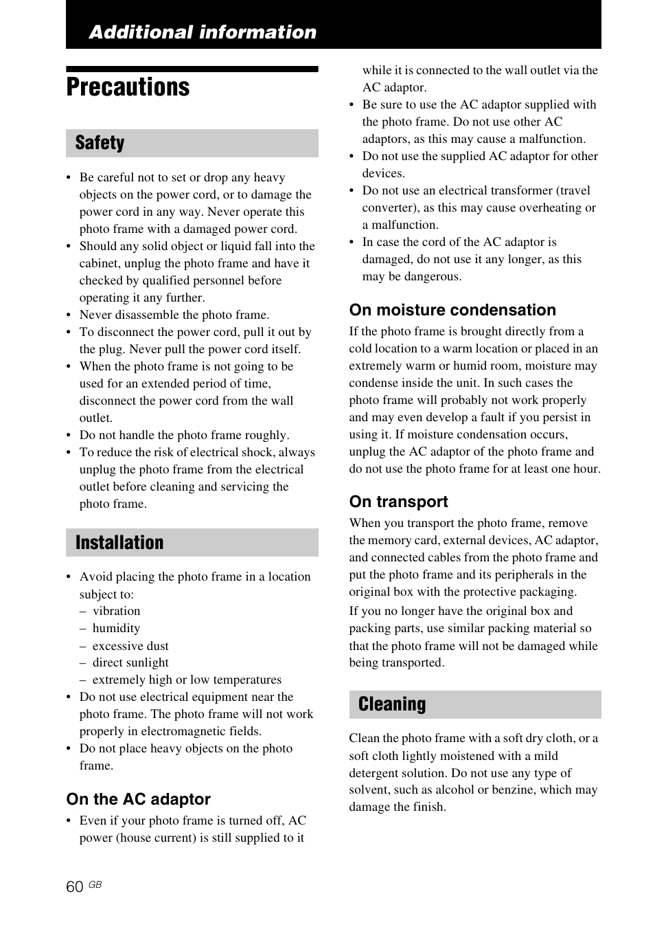 Additional information, Precautions, Safety | Installation, Cleaning, Safety installation cleaning | Sony DPF-D92 User Manual | Page 60 / 68