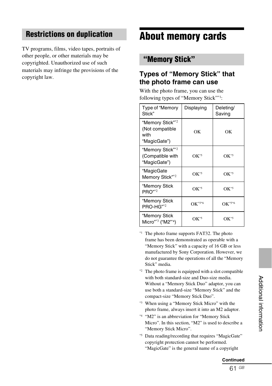 Restrictions on duplication, About memory cards, Memory stick | Addi tio nal in form ati o n | Sony DPF-D92 User Manual | Page 61 / 68