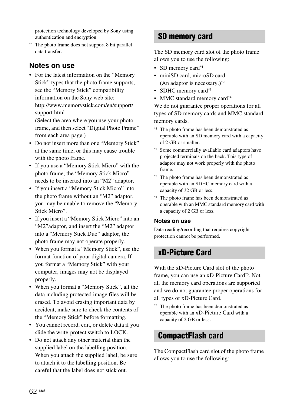 Sd memory card, Xd-picture card, Compactflash card | Sd memory card xd-picture card compactflash card | Sony DPF-D92 User Manual | Page 62 / 68