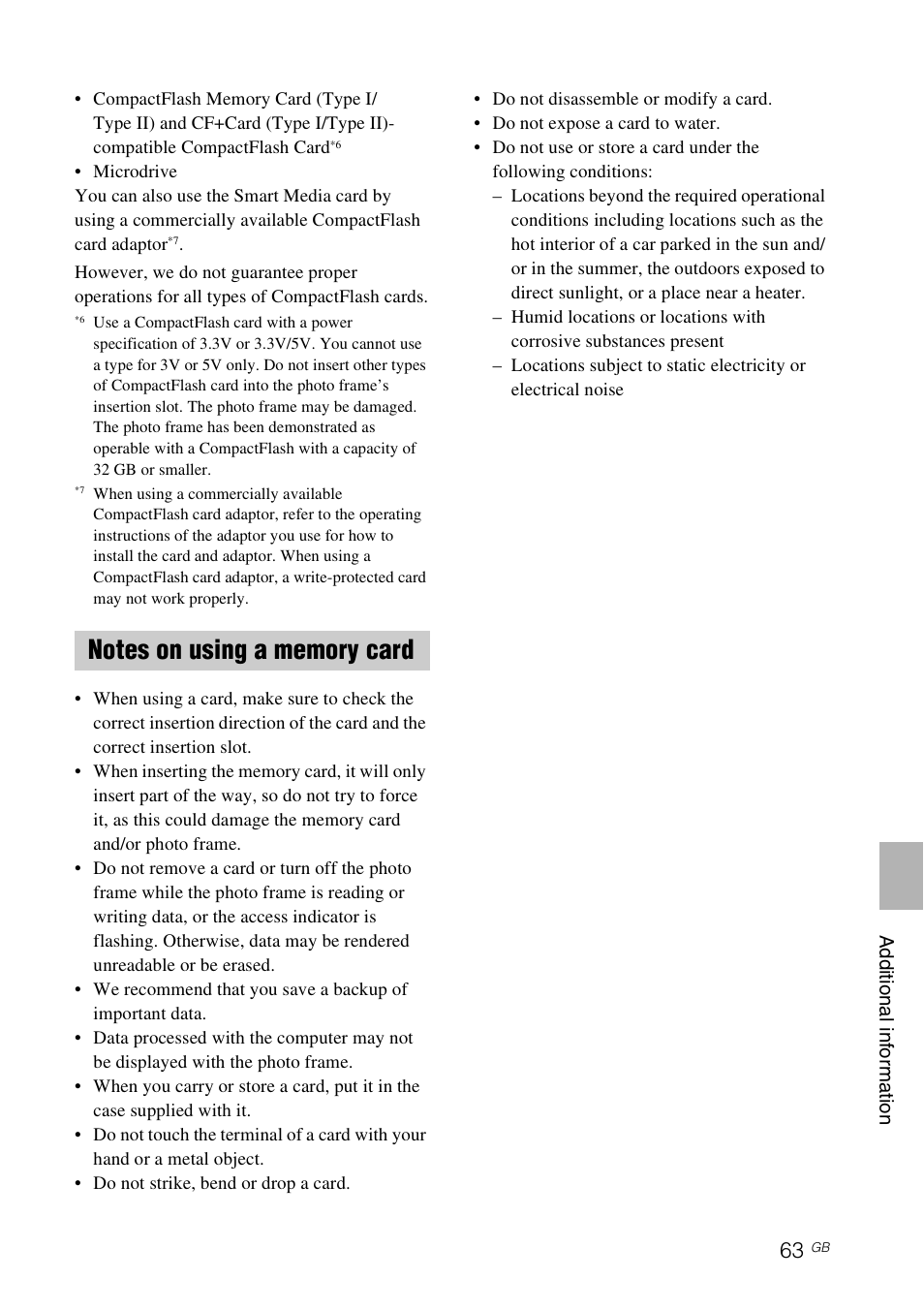 Notes on using a memory card | Sony DPF-D92 User Manual | Page 63 / 68